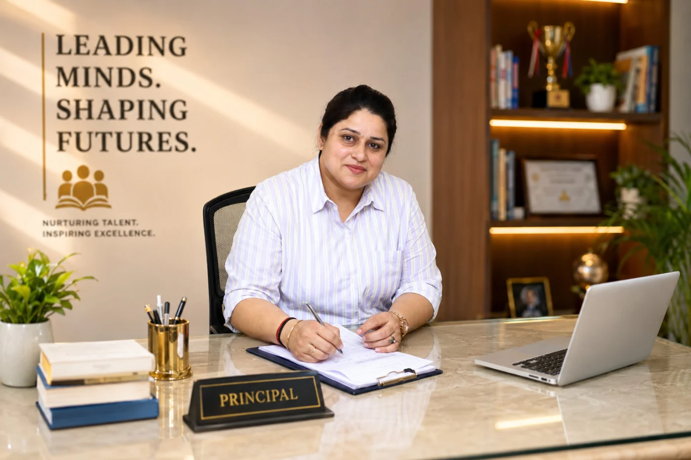 Siddhi Bardia, Principal of The Pride School, Hingna Nagpur, at her office desk — leading minds and shaping futures