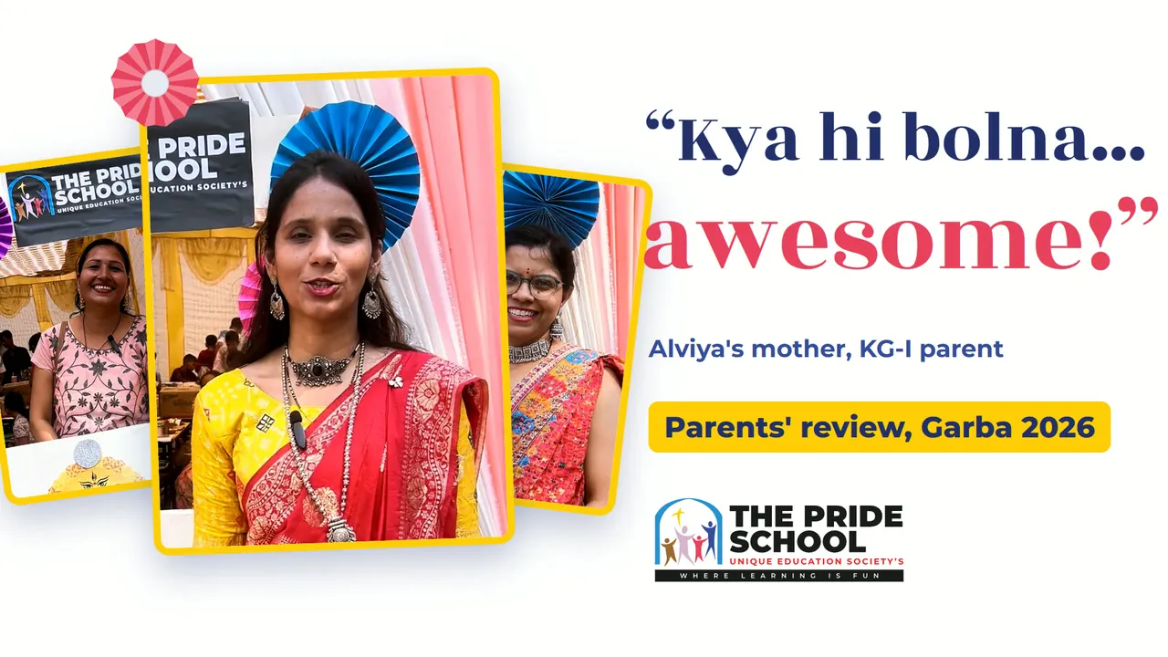Parents' review, part 1: a KG-I parent and two other parents at the Garba 2026 celebration, The Pride School, Hingna Nagpur