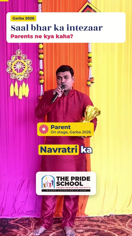 Short video cover: a parent speaking on stage at the Garba 2026 celebration, The Pride School, Hingna Nagpur